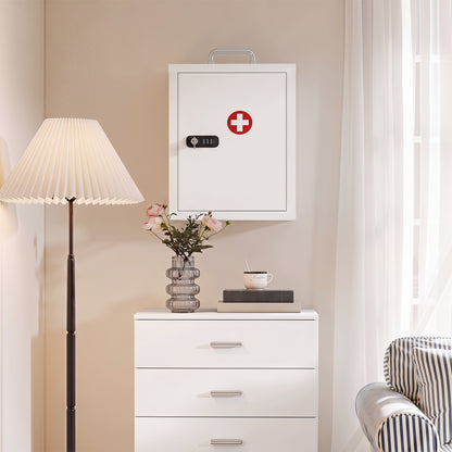 Wall Mount Medicine Cabinet | Combination & Key Dual Lock | 3-Tier Steel | 5kg | No Assembly | 32 x 14 x 38cm | White