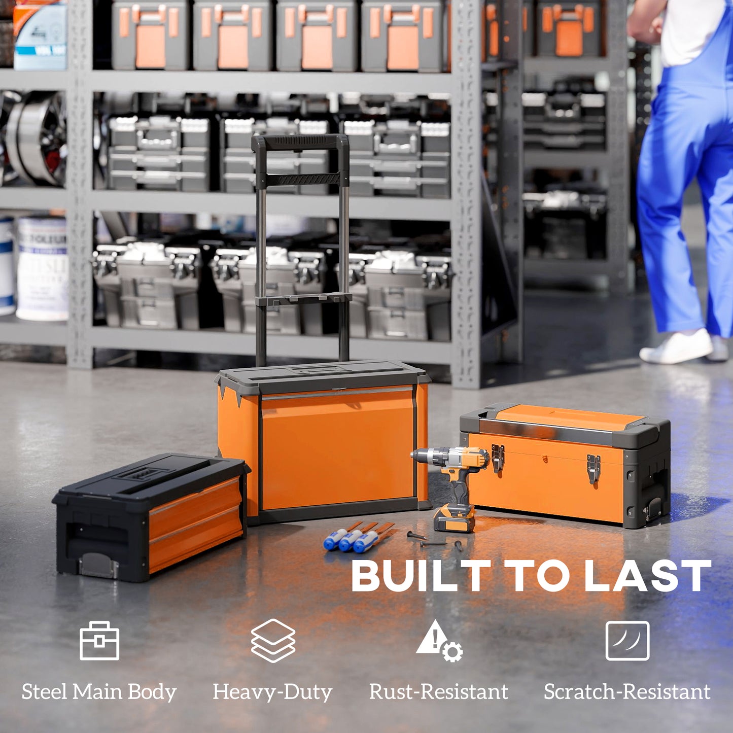 3-in-1 Stackable Three Tier Rolling Tool Storage Box On Wheels - Orange