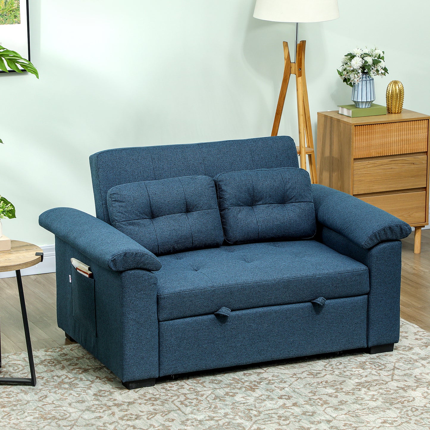 Pull Out Sofa Bed, Fabric 2 Seater Sofa Bed Settee, with 2 Pillows and Side Pockets for Living Room, Home Office, Blue