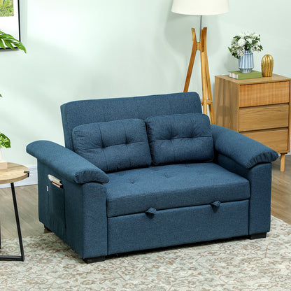 Pull Out Sofa Bed, Fabric 2 Seater Sofa Bed Settee, with 2 Pillows and Side Pockets for Living Room, Home Office, Blue