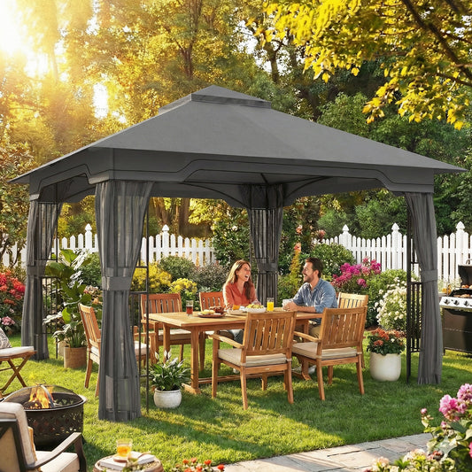 3.3x3.3m Garden Gazebo | Double-Tier UPF50+ Roof | 4 Mesh Panels | Triangular Powder-Coated Metal Frame | Corner Shelves | Roof Drainage Holes | Expansion Screws & Ground Stakes | Ceiling Hook | Dark Grey