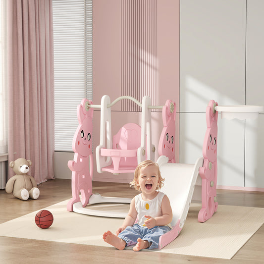 AIYAPLAY 4 in 1 Kids  Baby Toddler Slide and Swing Set with Climber, Basketball Hoop, Rabbit-Themed, Pink