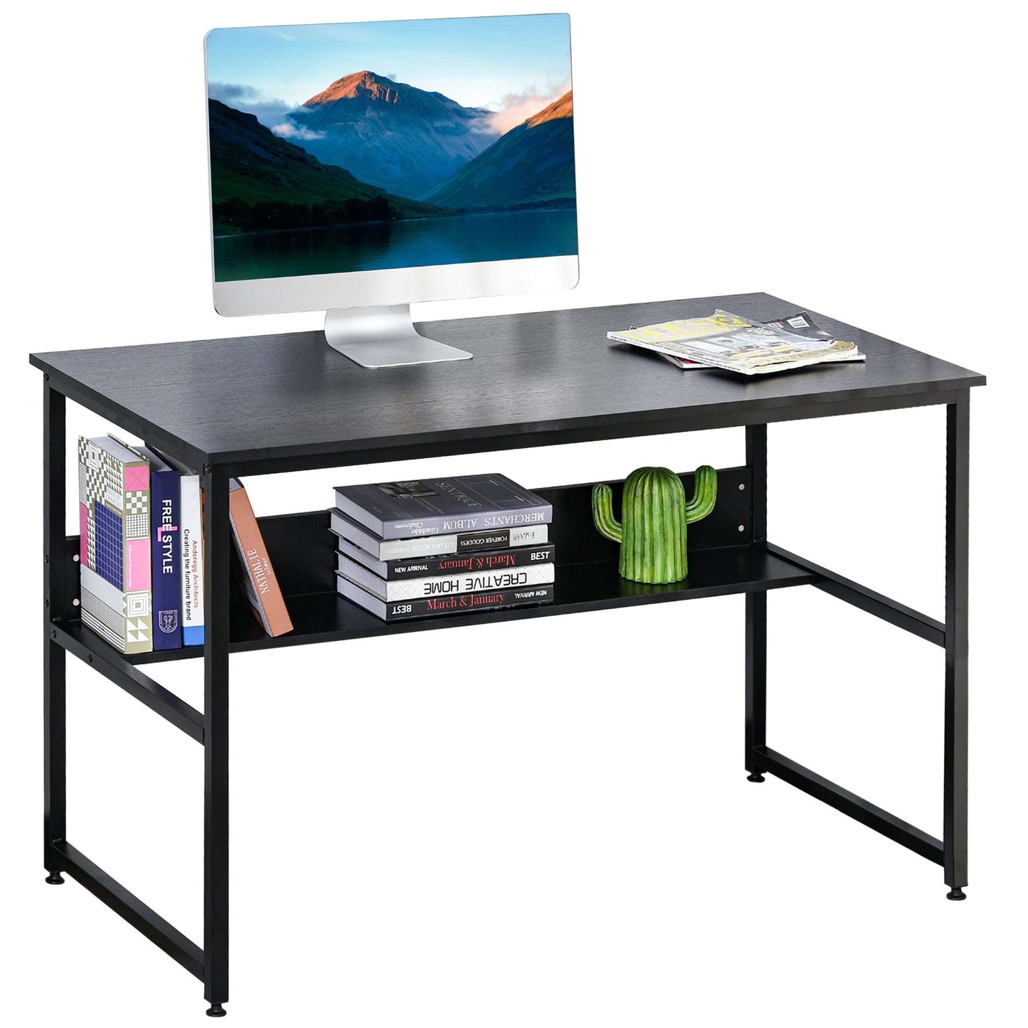 Computer Desk With Storage Shelf Adjustable Feet Metal Frame Home Office Laptop Study Writing Workstation Table Black