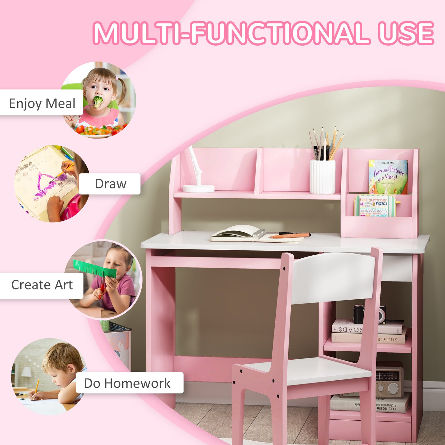 ZONEKIZ Two-Piece Kids Desk and Chair Set with Storage, for Ages 5-8 Years - Pink / Grey