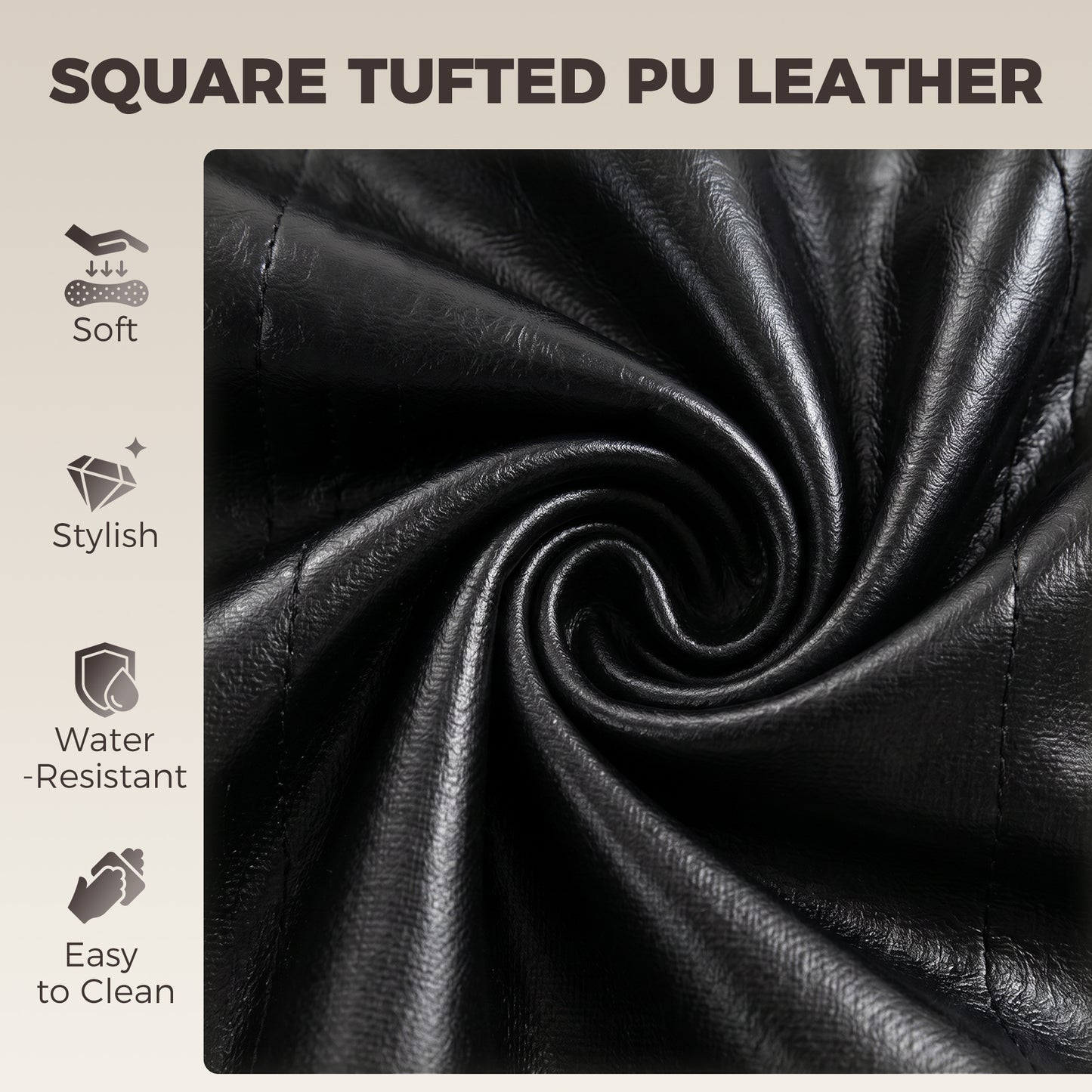 PU Leather Adjustable Bar Stools | Set of 2 | Square Tufted Backrest | Footrest | 62–83cm Height | Kitchen Island | Black