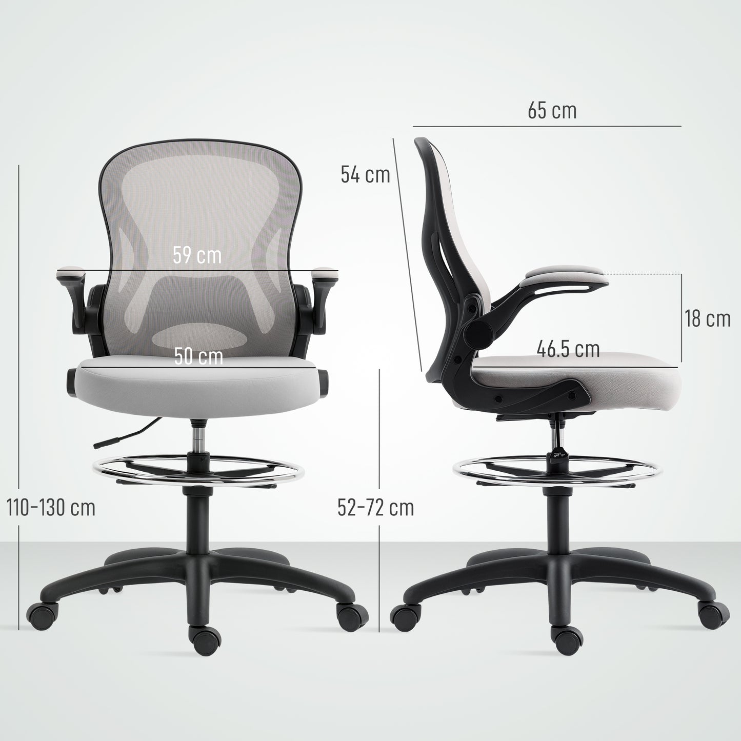 Vinsetto Adjustable Mesh Standing Desk Chair with Flip-up Armrests Lumbar Support Armrests Adjustable Footrest Ring Grey