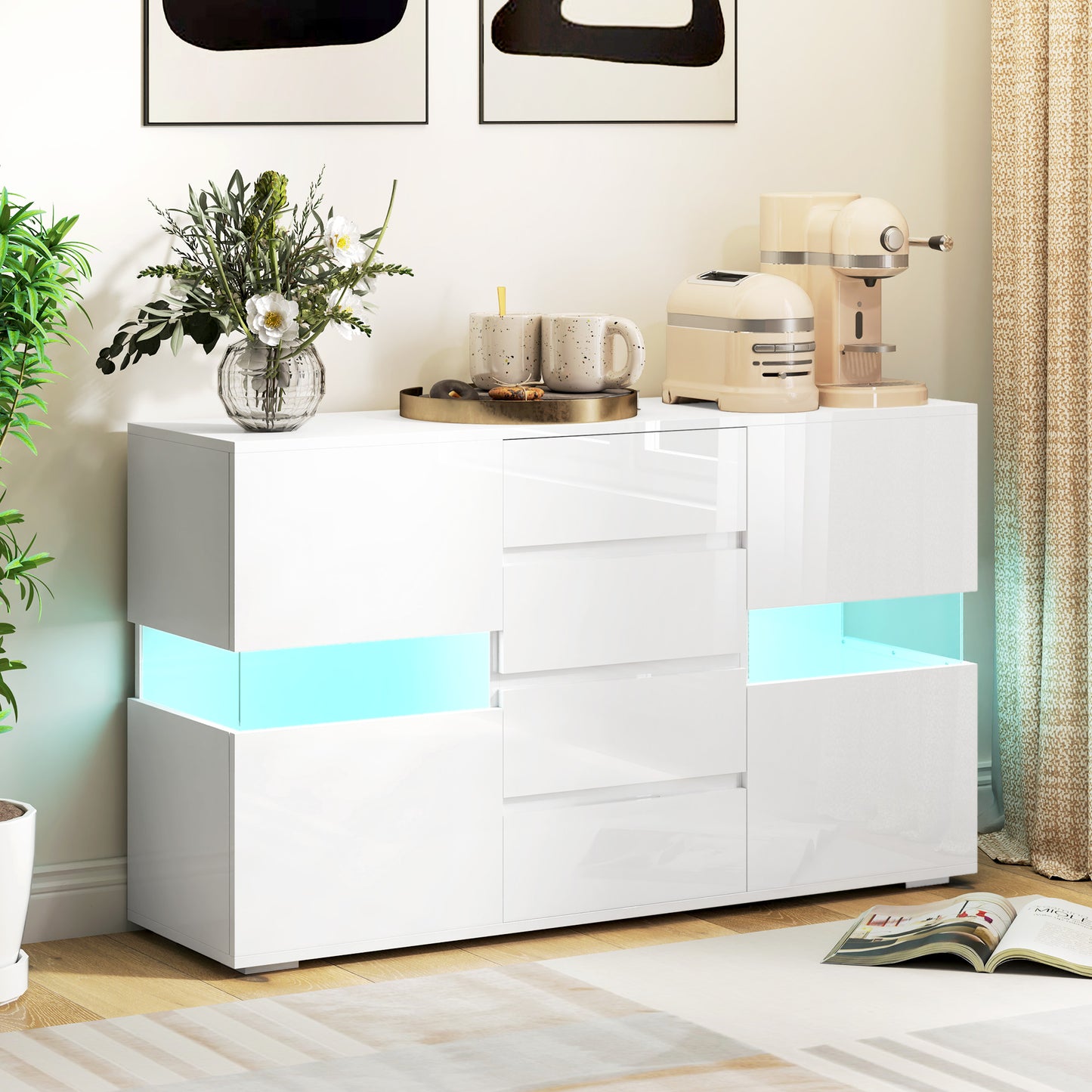 LED Light Sideboard Unit Cabinet - High Gloss White