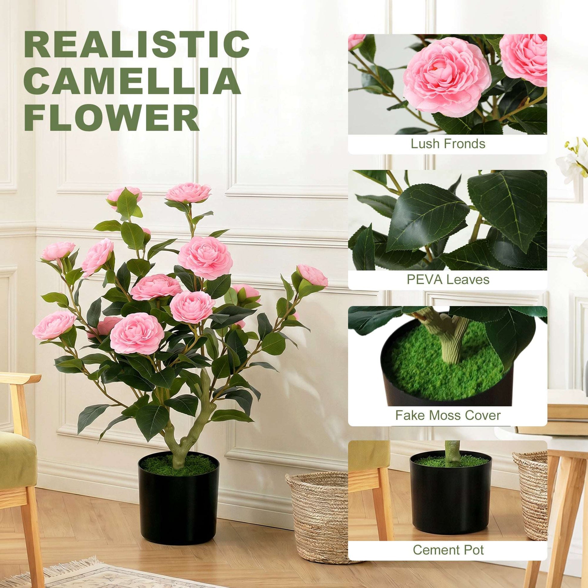 65cm Artificial Camellia Flower Plant in Pot | 116 PEVA Leaves | Silk Blossoms | Moss Effect Base | Cement-Filled Pot | Bendable Internal Wires | Maintenance-Free | Pink