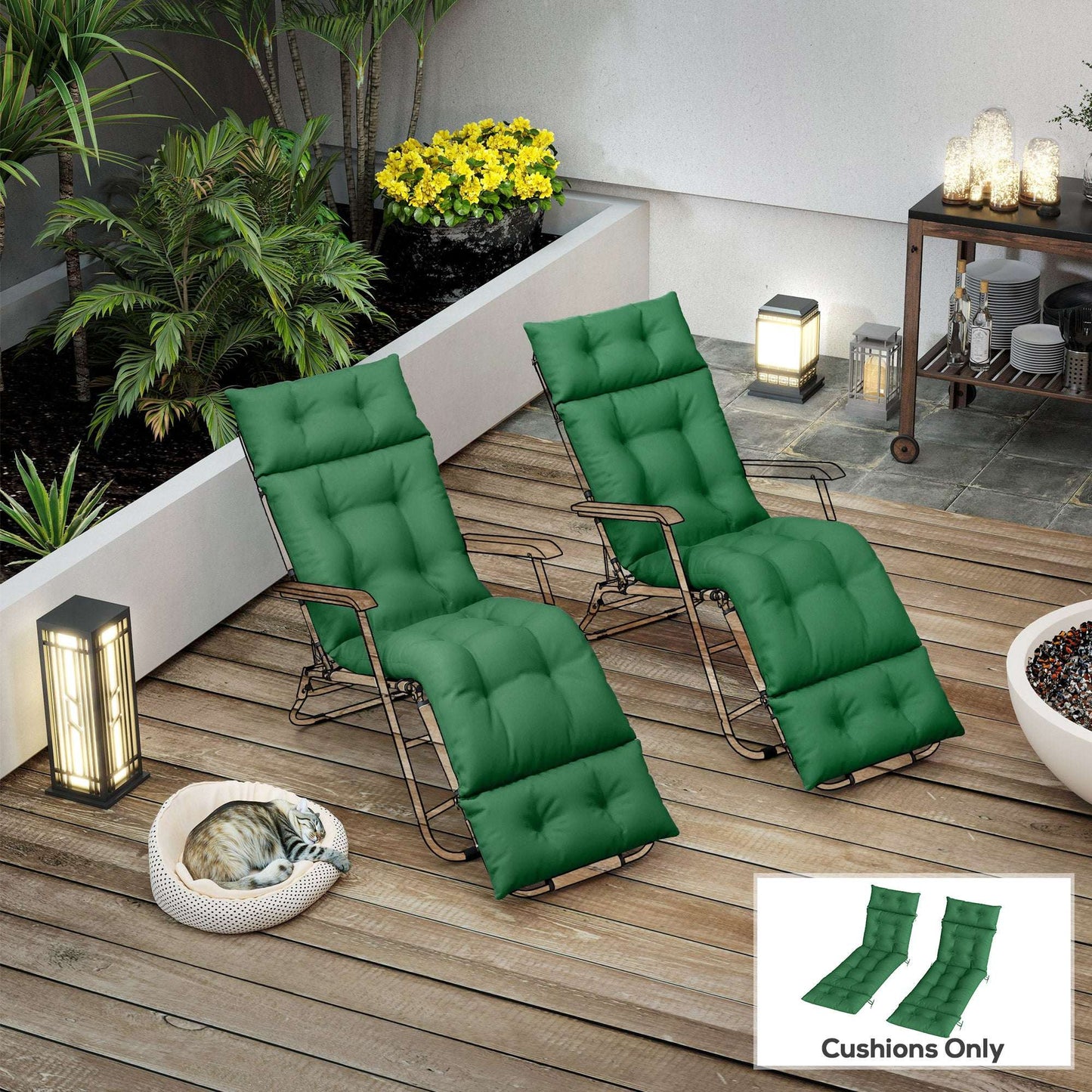 Set of 2 Sun Lounger Cushions | 190x56x10cm | High-Resilience PP Foam | UPF20+ | Fade & Splash Resistant | 220gsm Polyester | 6 Tie Fastenings | Green