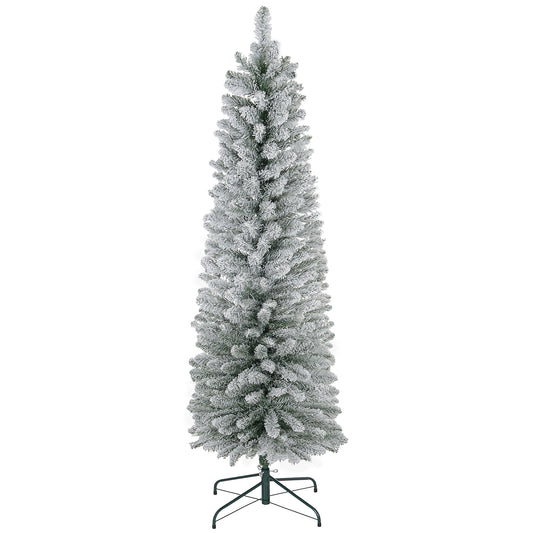 6ft Artificial Pencil Christmas Tree with 329 Snow Flocked Tips, Metal Base