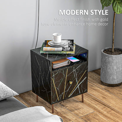 Marble Effect Bedside Table, Modern Side Table with Drawer, Open Shelf and Gold Tone Metal Legs for Bedroom, Living Room, Black