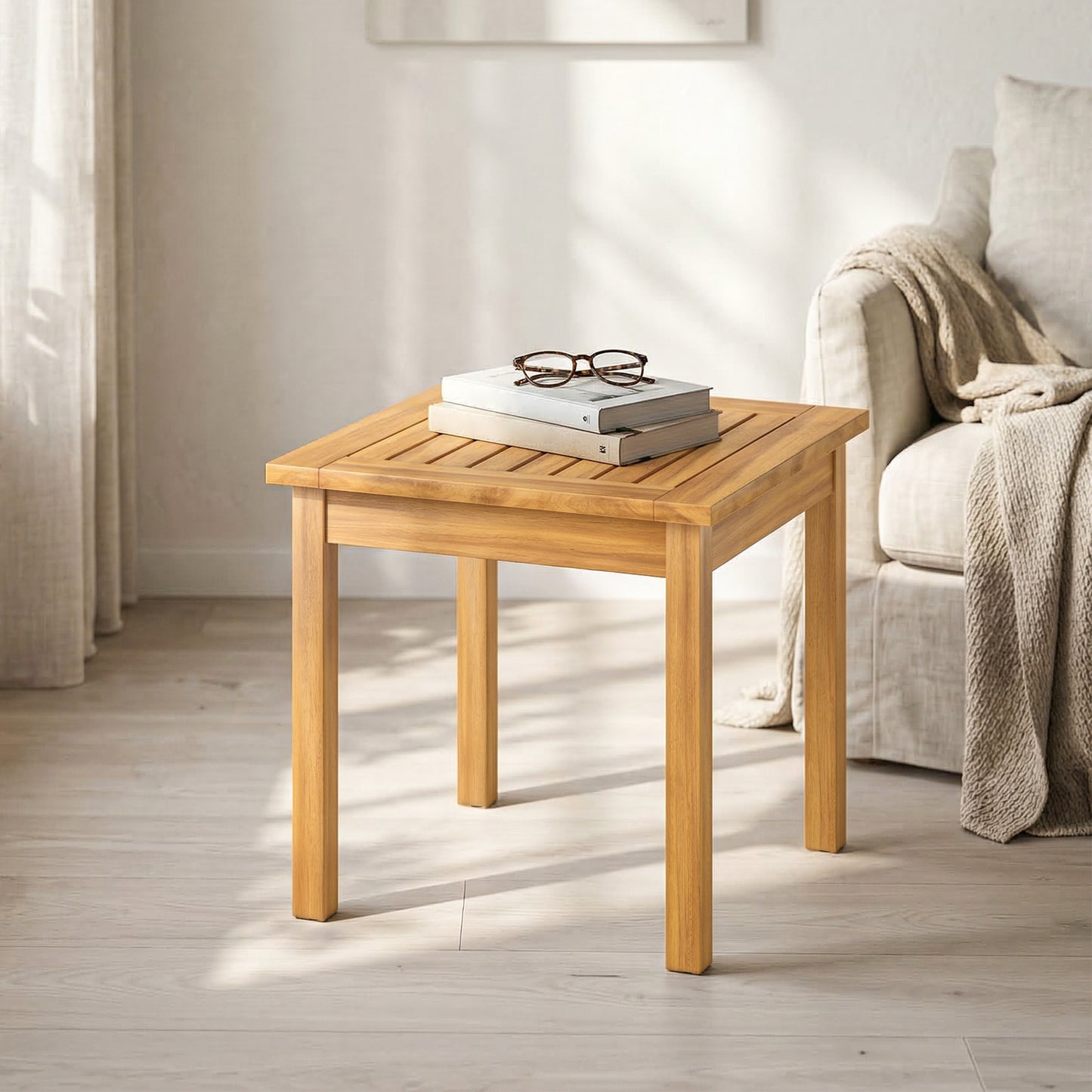 Solid Acacia Wood Coffee Table | Slatted Top | 30kg Capacity | Adjustable Foot Pads | No Assembly Required | Indoor & Outdoor | 48 x 48 x 46cm | Natural Teak Finish