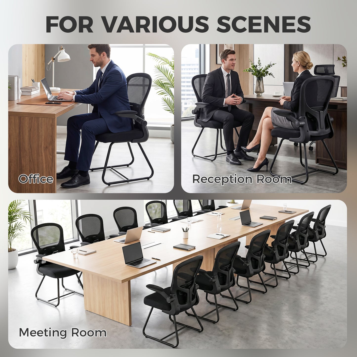 Mesh Office Reception Chair | Flip-Up Arms | Lumbar Support | Steel Base | Black | 120kg | 921-957V70BK