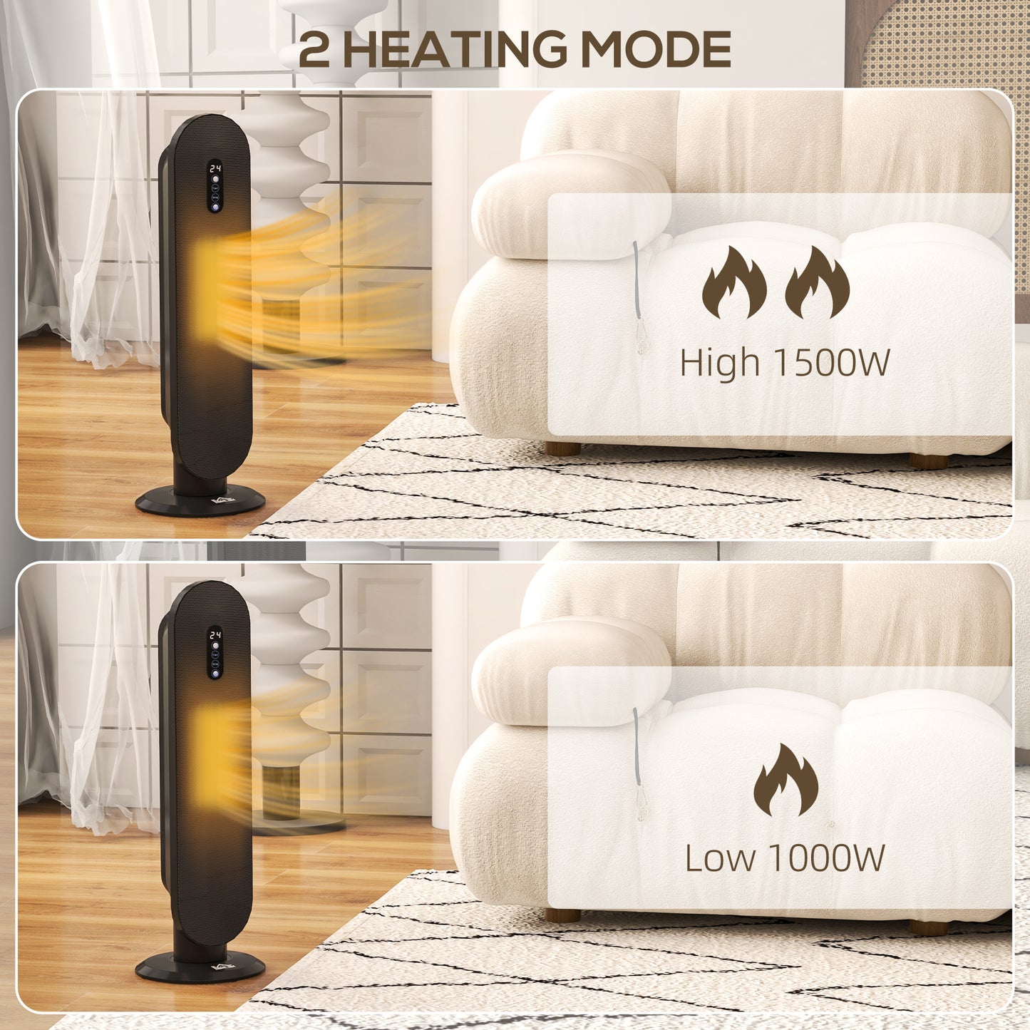 Ceramic Space Heater, Indoor Tower Heater with 2 Heat, Oscillation, Remote Control, Timer, Tip-Over & Overheating Protection, 1200W/2000W, Black