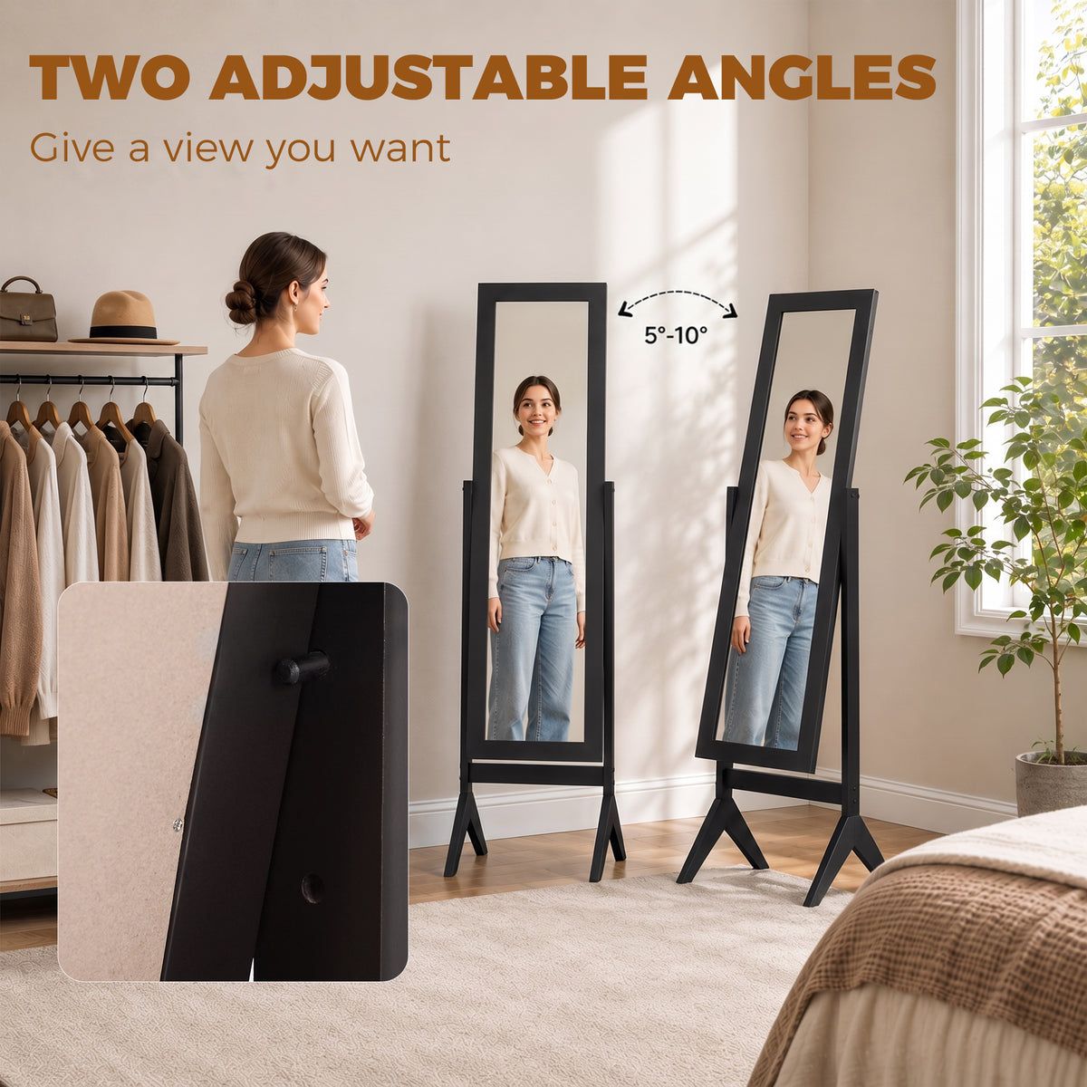 Freestanding Full-Length Dressing Mirror | Black E1 MDF & Glass | 47x46x148cm | Mirror 118x42cm | Tilts to 2 Angles | 4-Foot Stable Base | Bedroom Bathroom Hallway | Flat Pack