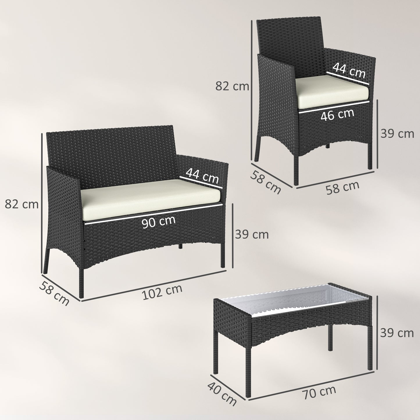 4 Piece Rattan Garden Sofa Set | Loveseat | 2 Armchairs | Tempered Glass Coffee Table | UV-Resistant PE Rattan | Powder-Coated Steel | Zipped Washable Cushions | Foot Pads | Cream
