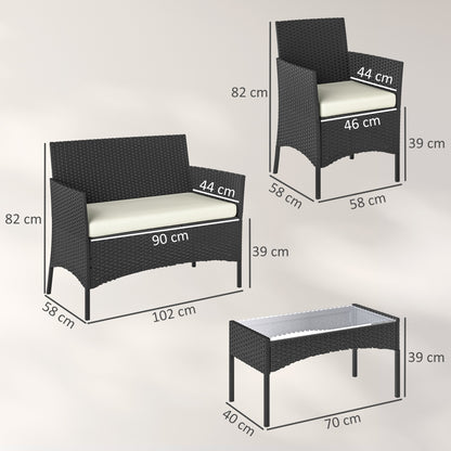4 Piece Rattan Garden Sofa Set | Loveseat | 2 Armchairs | Tempered Glass Coffee Table | UV-Resistant PE Rattan | Powder-Coated Steel | Zipped Washable Cushions | Foot Pads | Cream