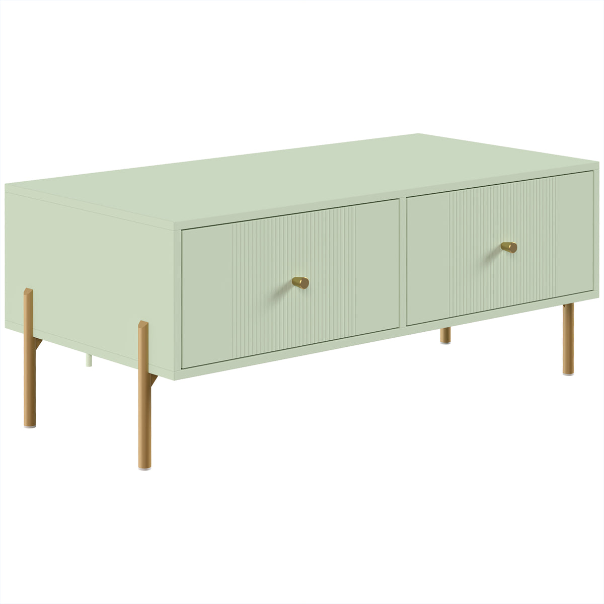 Modern Coffee Table with 2 Drawers | Light Green & Gold Tone | Particleboard Metal Legs | 100x50x43cm | 30kg | Melamine Surface | Metal Slide Runners | Living Room Bedroom