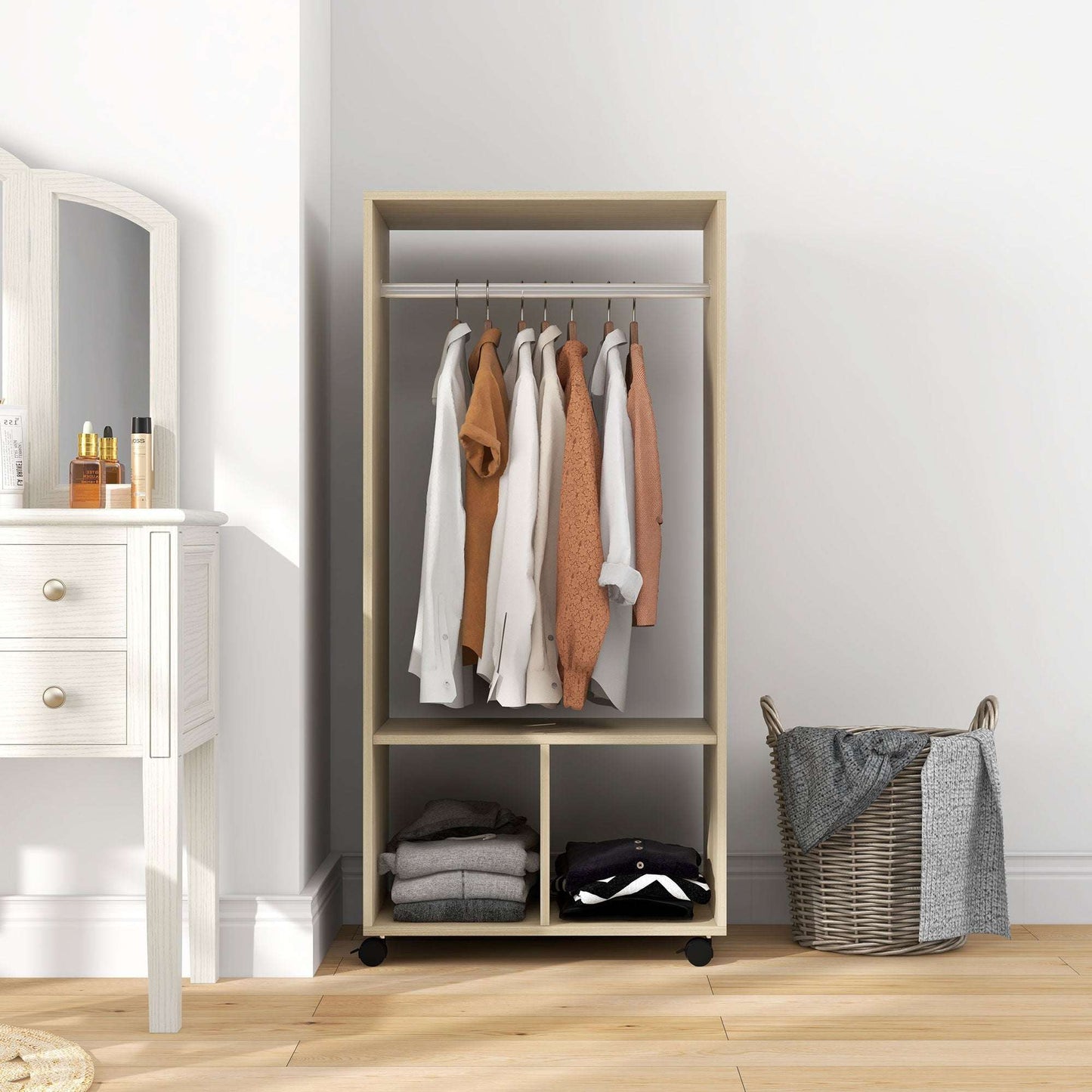 Open Wardrobe on Wheels | Clothes Hanging Rail | 2 Open Shelves | 4 Wheels 2 Lockable | 128x60x40cm | 25kg | Natural Wood Effect