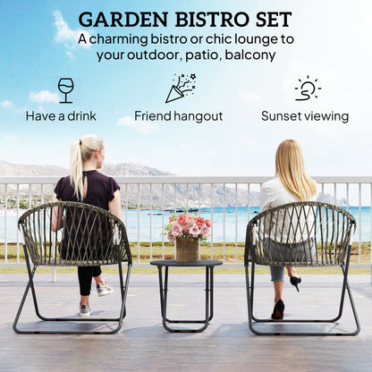 3 Piece Folding Rattan Bistro Set | 2 Chairs | Round Table Dia 45cm | 1000hr UV Resistant Rattan | Galvanised Steel | No Assembly | 120kg | Grey