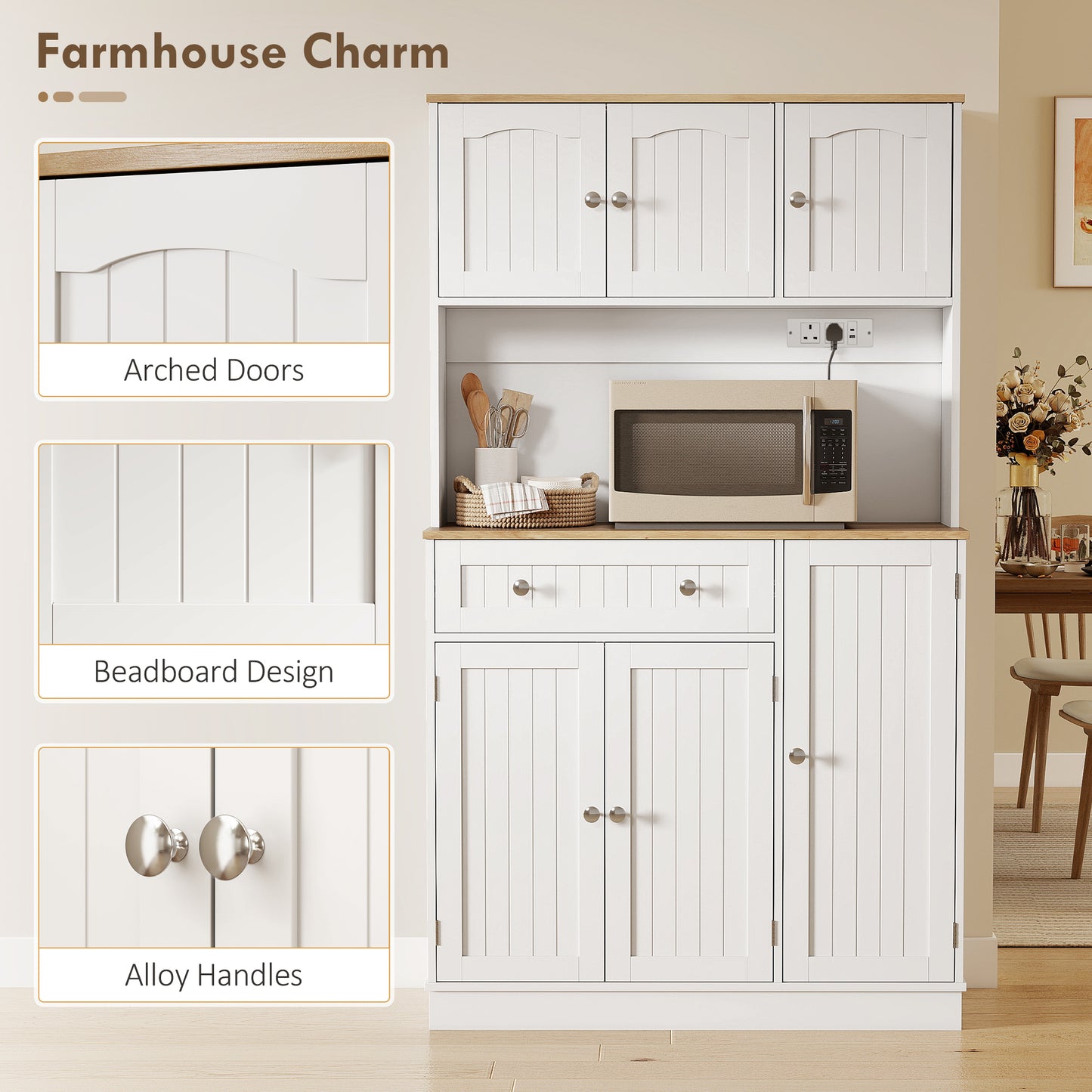 173cm Tall Kitchen Cupboard | Charging Station | Pantry Storage Cabinet | Adjustable Shelves | 4 Door Racks | White