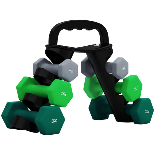 SPORTNOW Dumbbells Set W/ Carry Storage Rack, Set of 6 Weights for Home Gym Kettlebell Training Weight Lifting Exercise, 2 x 1kg, 2 x 2kg, 2 x 3kg
