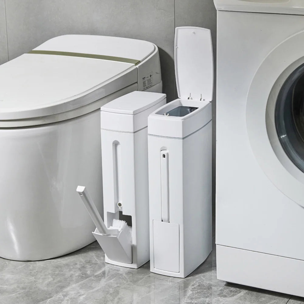 Slim Trash Can with Cleaning Brush and Lid Plastic Waste Basket Garbage Bucket for Bathroom Narrow Space