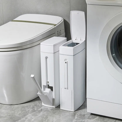 Slim Trash Can with Cleaning Brush and Lid Plastic Waste Basket Garbage Bucket for Bathroom Narrow Space