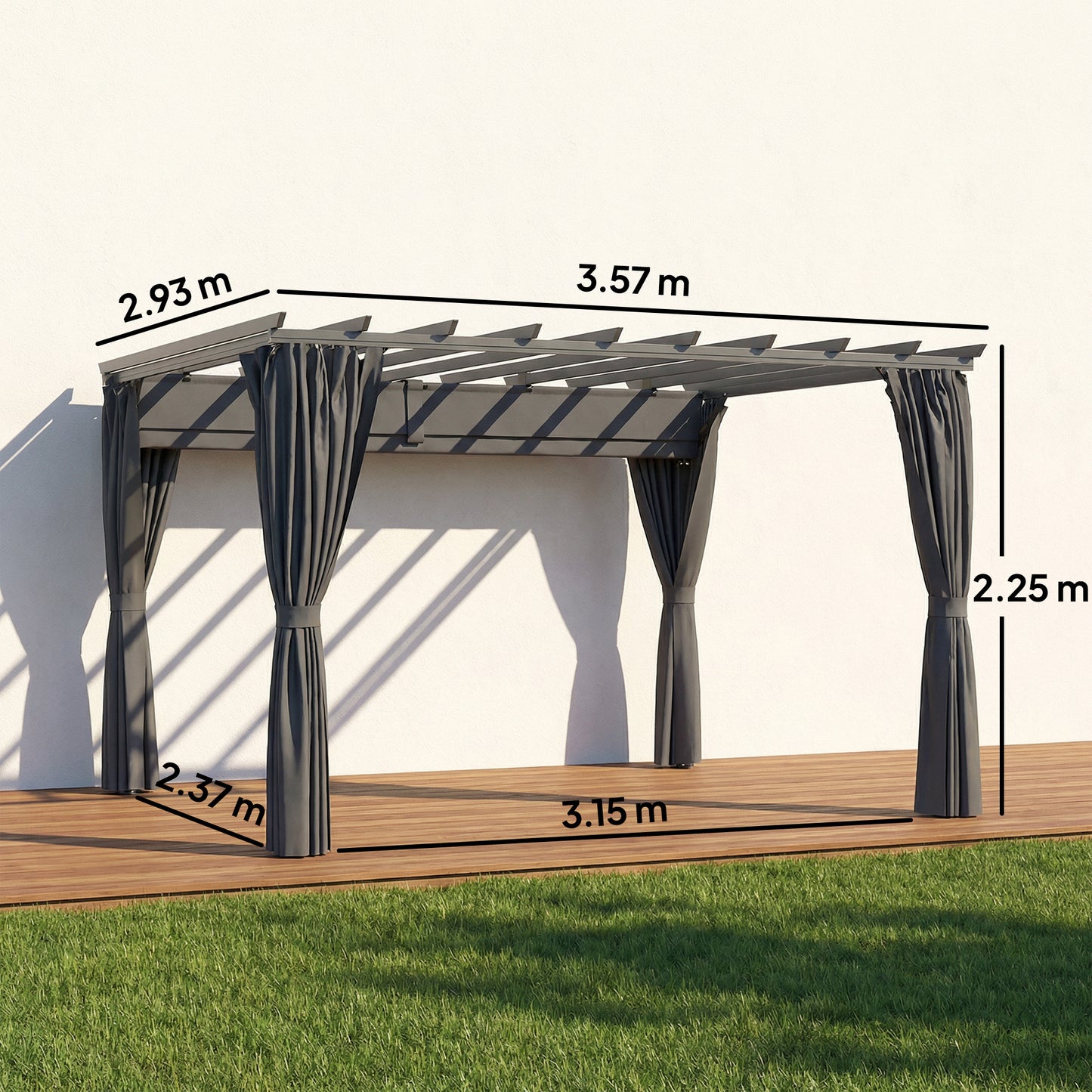 3.6x3m Aluminium Pergola | Retractable Sliding Canopy | Zip Curtains | 7.6cm Columns | Ground Stakes | Dark Grey