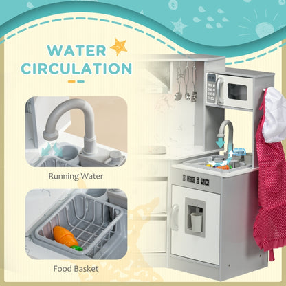 Kids Toy Kitchen With Running Water, Lights, Sounds, Apron and Chef Hat, Water Dispenser, for Ages 3-6 Years, Grey