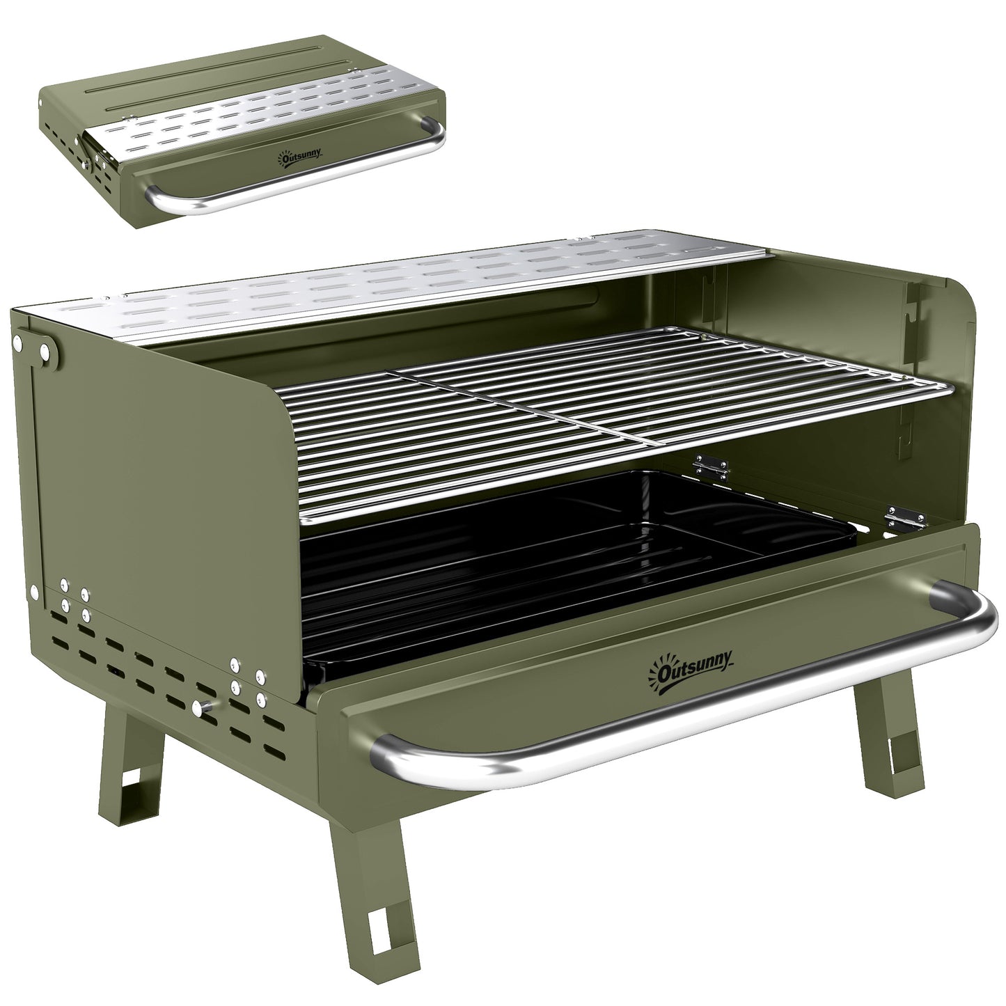 Portable Charcoal BBQ Grill | 3 Adjustable Grate Heights | 304 Stainless Steel | Foldable Legs | Side Shelf | No Assembly | 52x37x31.8cm | Green