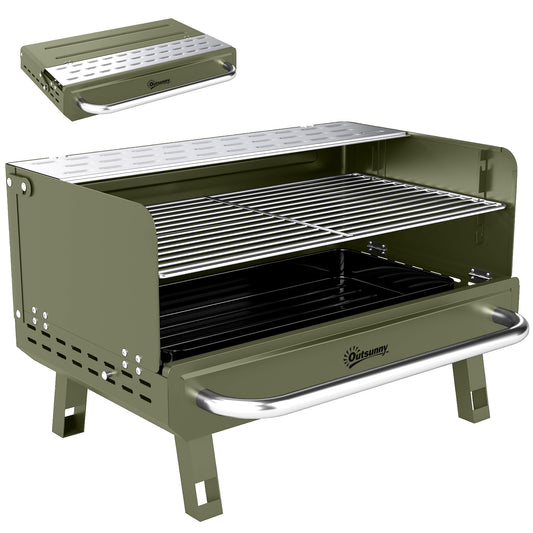 Portable Charcoal BBQ Grill | 3 Adjustable Grate Heights | 304 Stainless Steel | Foldable Legs | Side Shelf | No Assembly | 52x37x31.8cm | Green