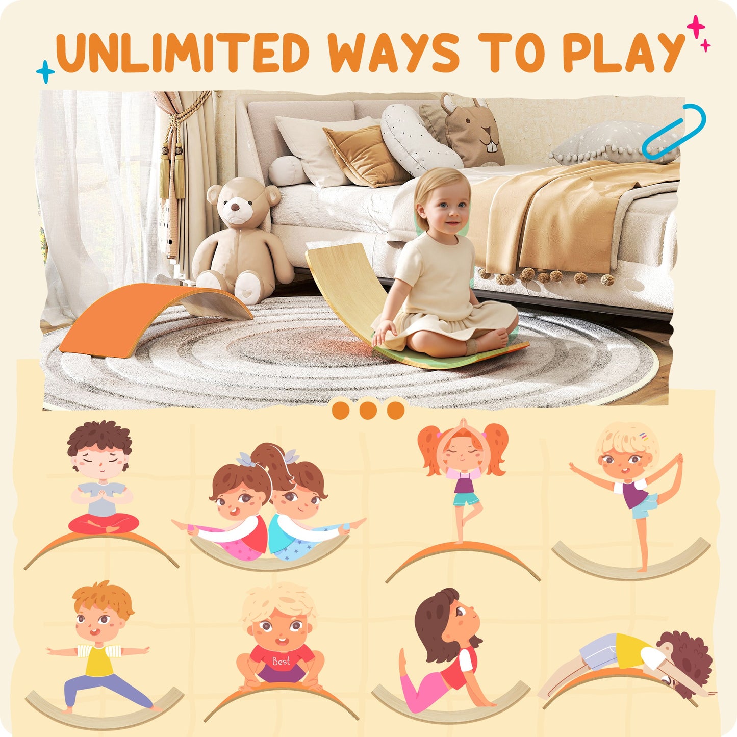 AIYAPLAY Wooden Balance Board for Kids, Wobble Board with Silent Felt for Sensory Play, Orange / Blue