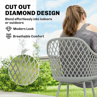 Set of 4 Garden Dining Chairs | Diamond Cut-Out Back | Armrests | Anti-UV PP | 120kg | Grey