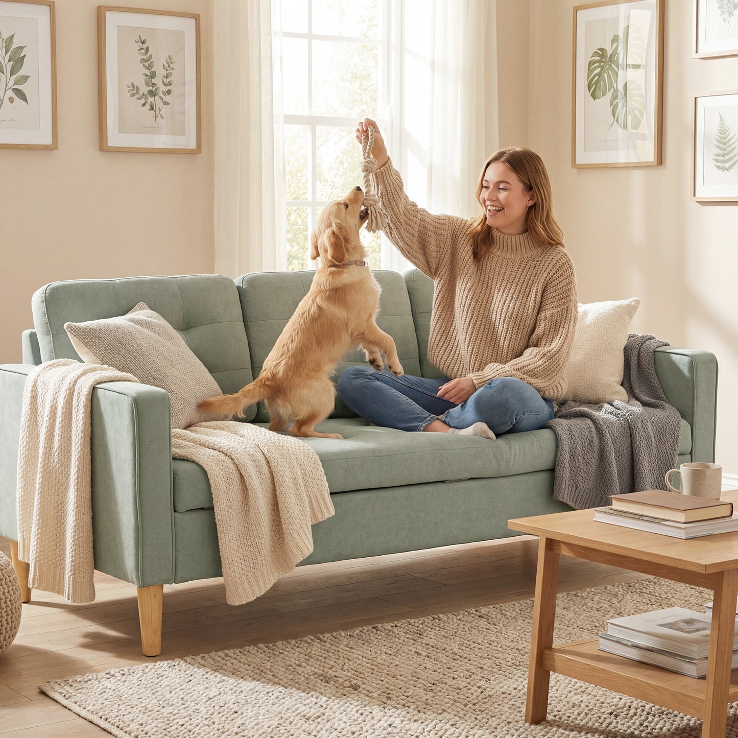 3-Seater Sofa with Hidden Under-Seat Storage | Button-Tufted | Snow Flannel | Eucalyptus Frame | 100kg per Seat | 169cm | Light Grey