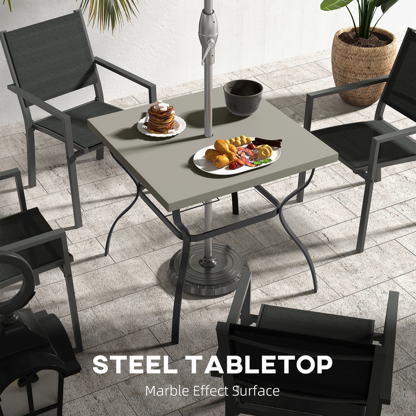 Outsunny Dia. 80cm Square Garden Dining Table with Umbrella Hole, Outdoor Dining Table with Marble Effect Top for 4 People, Black