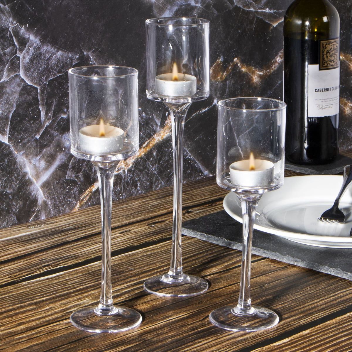 Maison & White Set of 3 Glass Tea Light Candle Holders | Stepped Heights 20cm 23cm 26cm | 6cm Diameter | Fits Tea Lights LED Candles | Dinner Table Wedding Fireplace | 2-Year Warranty