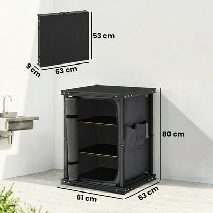 Folding Camping Kitchen Unit | 3 Shelves & 4 Pockets | Zip Cupboard | Adjustable Feet | 50kg | Carry Bag | Black