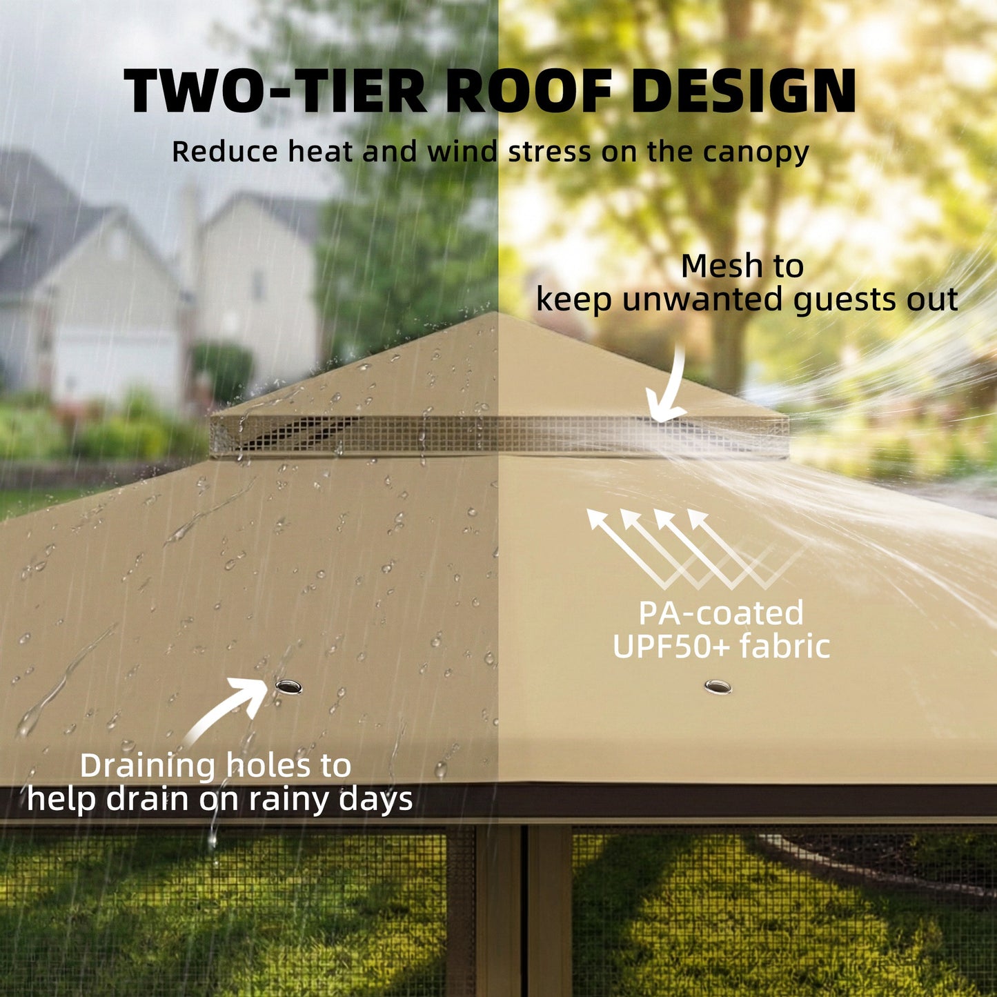 3.3x3.3m Permanent Garden Gazebo | Double-Tier UPF50+ Roof | Mesh Panels | Integrated Corner Shelves | Ceiling Hook | Triangular Powder-Coated Posts | Expansion Screws | Ground Stakes | Khaki
