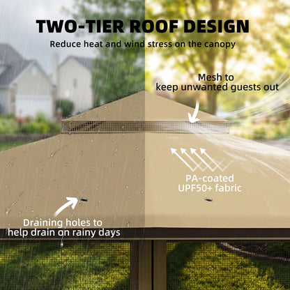 3.3x3.3m Permanent Garden Gazebo | Double-Tier UPF50+ Roof | Mesh Panels | Integrated Corner Shelves | Ceiling Hook | Triangular Powder-Coated Posts | Expansion Screws | Ground Stakes | Khaki