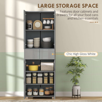 Storage Cabinet, Kitchen Cupboard with 3 Adjustable Shelves, 60L x 35W x 170H cm, High Gloss Grey