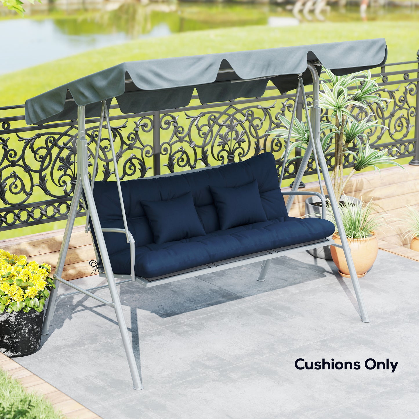 4-Piece Outdoor Cushion Set for 3-Seater Garden Chair | Seat & Back Cushion | 2 Pillows | Tufted | Flame Retardant | Fade & Water Resistant | 150x50x10cm | Dark Blue