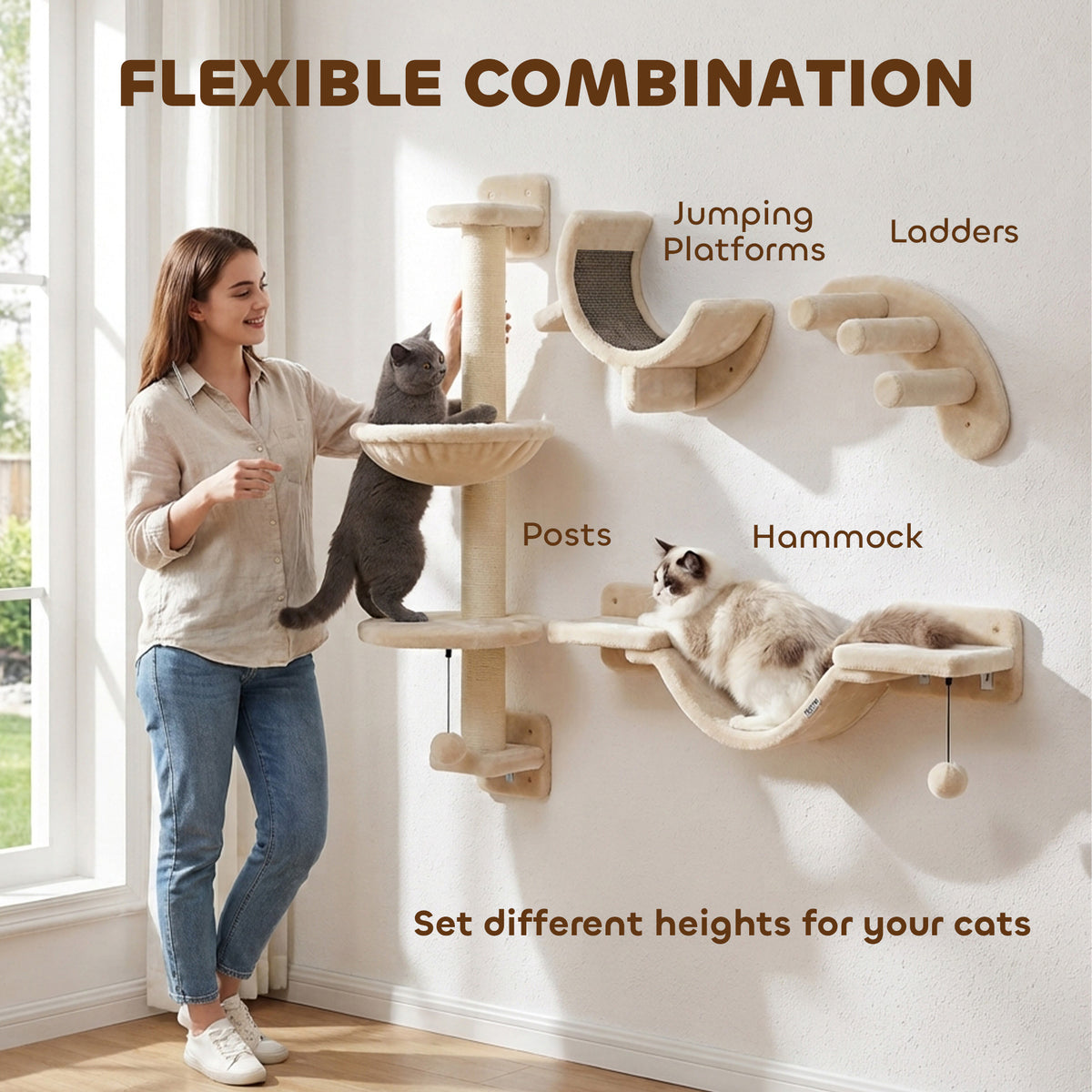 PawHut 4-Piece Cat Wall Furniture Set | Hammock | Soft Ladder Platform | 3-Step Curved Ladder | Plush-Covered | Adjustable Layout | Sisal Scratch Surface | Under 5kg | Indoor | Beige