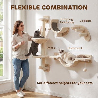 PawHut 4-Piece Cat Wall Furniture Set | Hammock | Soft Ladder Platform | 3-Step Curved Ladder | Plush-Covered | Adjustable Layout | Sisal Scratch Surface | Under 5kg | Indoor | Beige