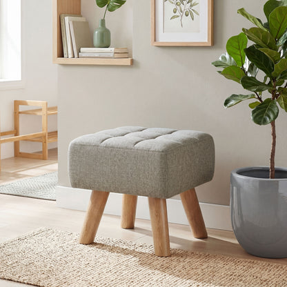 Square Padded Footstool Ottoman Pouffe | Tufted Linen-Look | Light Brown