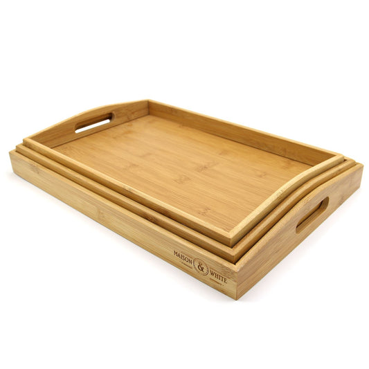 Maison & White Bamboo Serving Trays | Set of 3 Nesting Rectangular Trays | Raised Edges & Carry Handles | Natural Finish