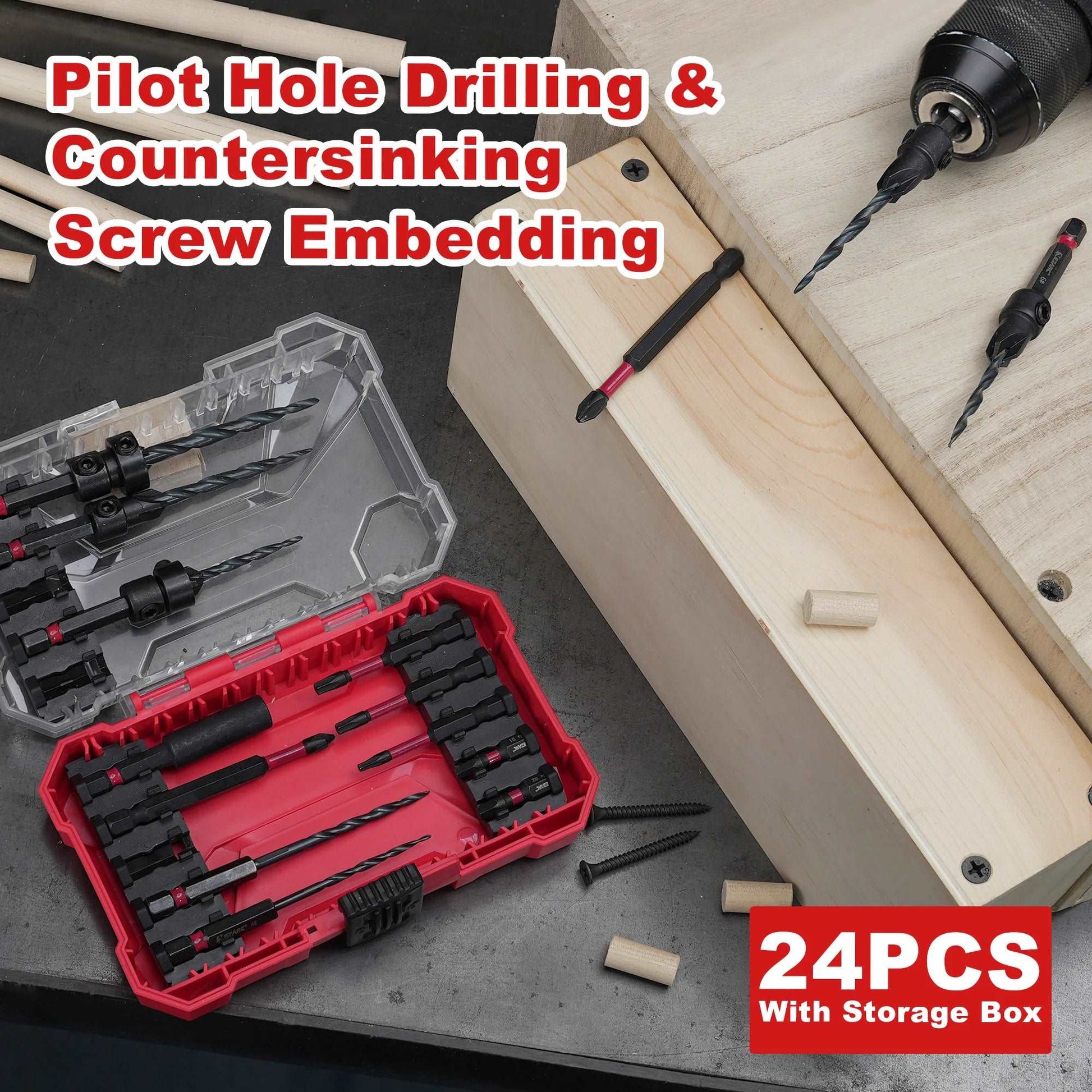 EZARC Countersink Drill Bit Set 24-Pack, Tapered Drill Bits Kit For Woodworking With Storage Box