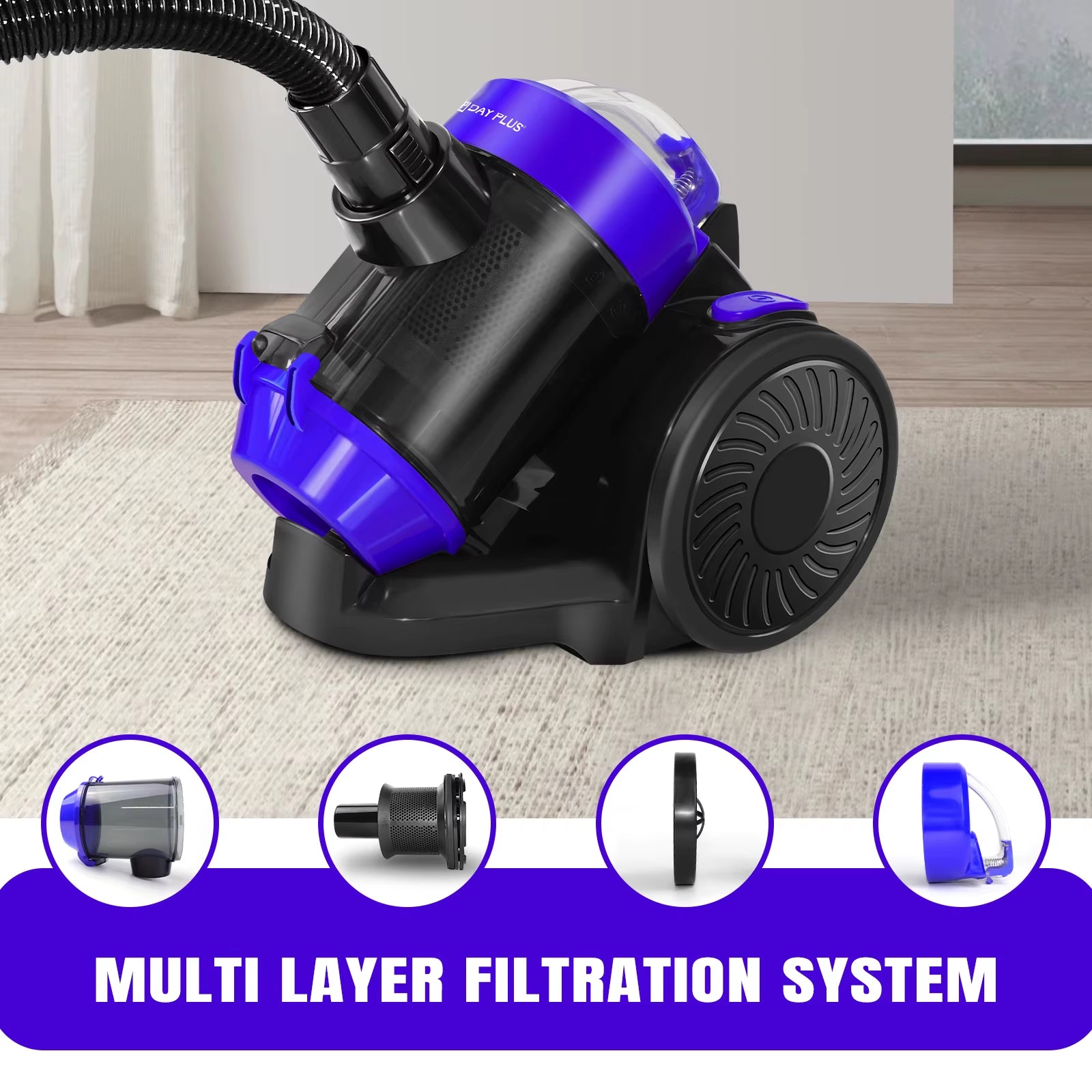 Dayplus Basics Cylinder Bagless Vacuum Cleaner With HEPA Filter for Hard Floor, Carpet & Car, Compact & Lightweight, 3800W, 1.5L
