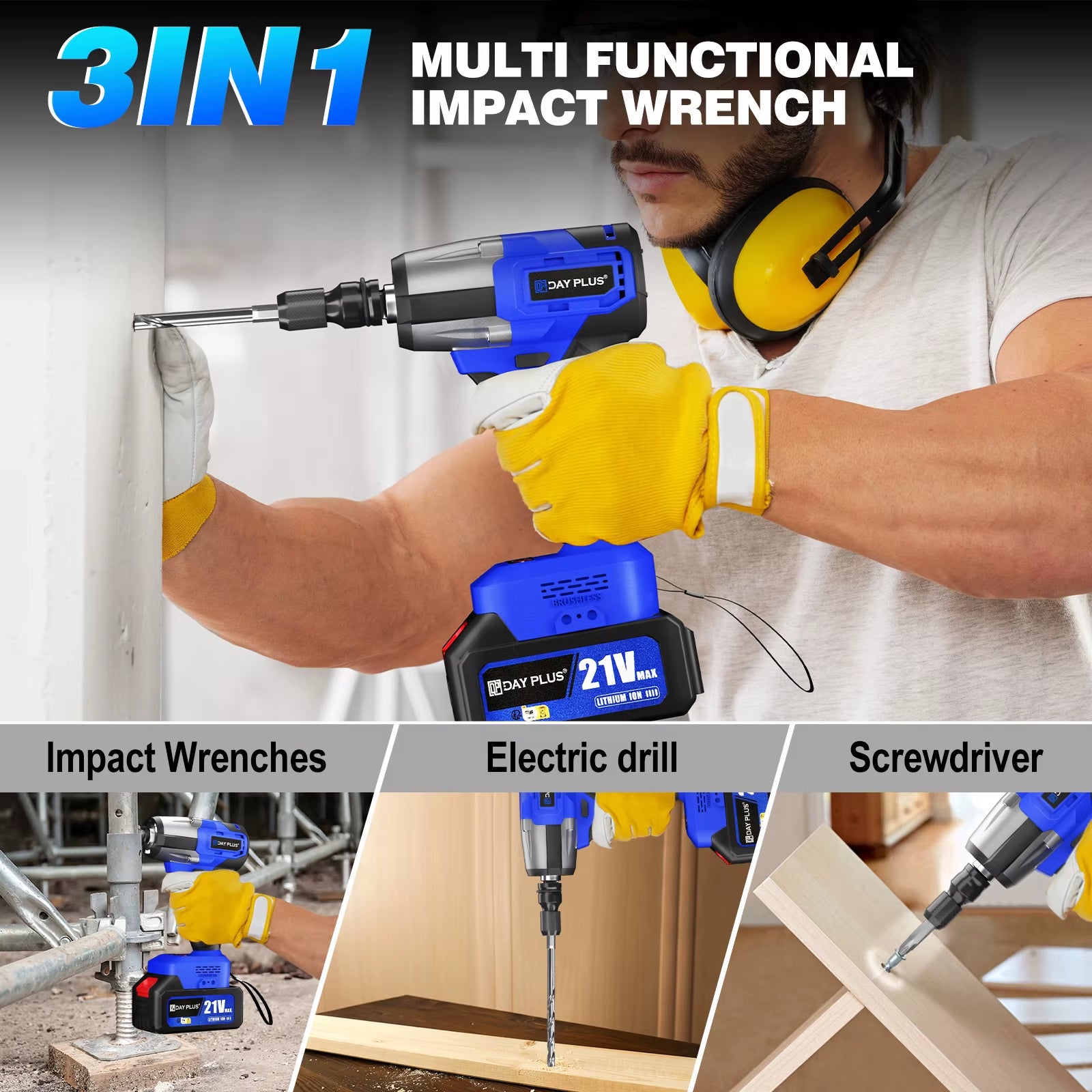 Cordless Impact Wrench 1/2 Inch, Brushless Impact Gun 450N.M High Torque, 3200Rpm Variable Speed with 4 Socket Sets