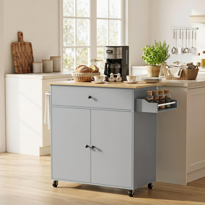 Kitchen Island Trolley with Drop-Leaf | Drawer | Cabinet & 3-Level Shelf | Spice Rack | Towel Rack | 4 Wheels 2 Brakes | Melamine Top | 50kg Total | 106x42x87cm | Grey / Black